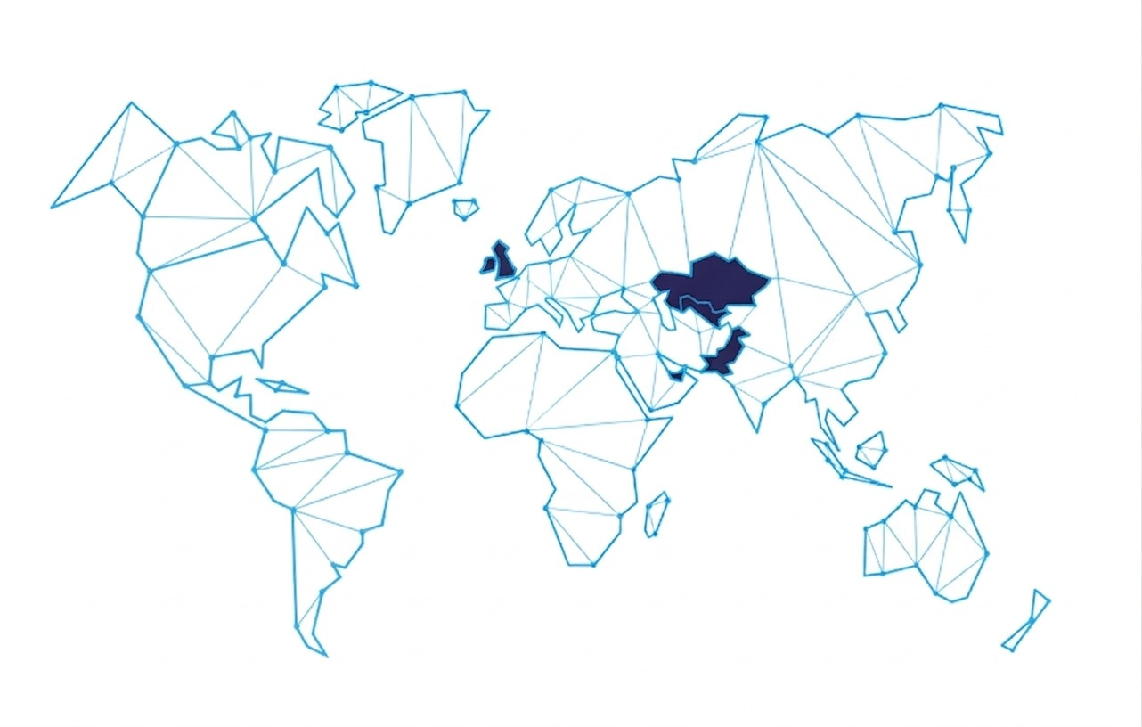 World map with the United Kingdom, the United Arab Emirates, and Pakistan highlighted for regional offices.