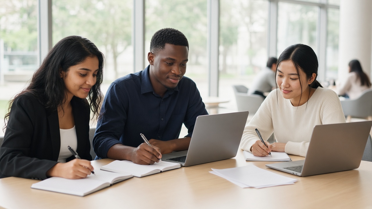 Three students studying together with laptops and notebooks at a table in a bright lounge